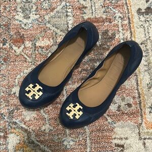 Navy Tory Burch Blue Flats with Gold Logo